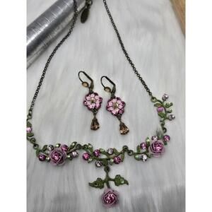 Vintage Michal Negrin Floral Crystal Necklace & Earrings Set